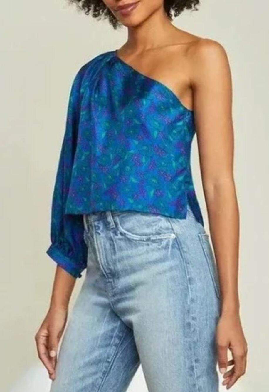 Veronica Beard Lyric Top US 10 100% Silk Blue Floral One Shoulder Blouse Party